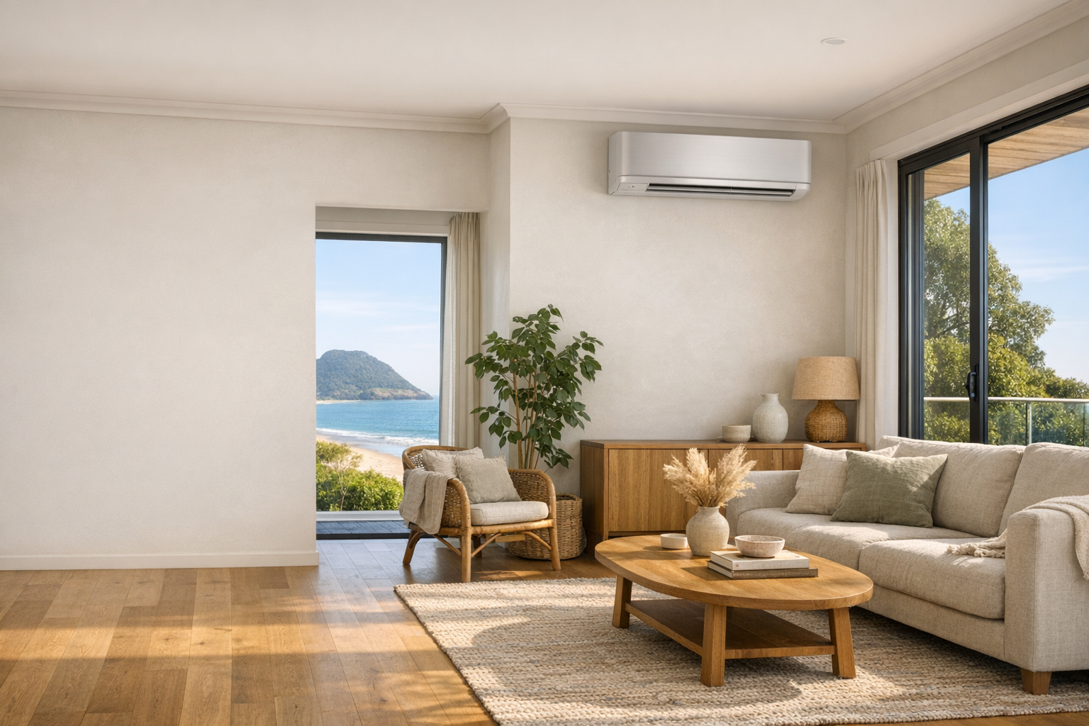 Contemporary living space with a wall-mounted heat pump.